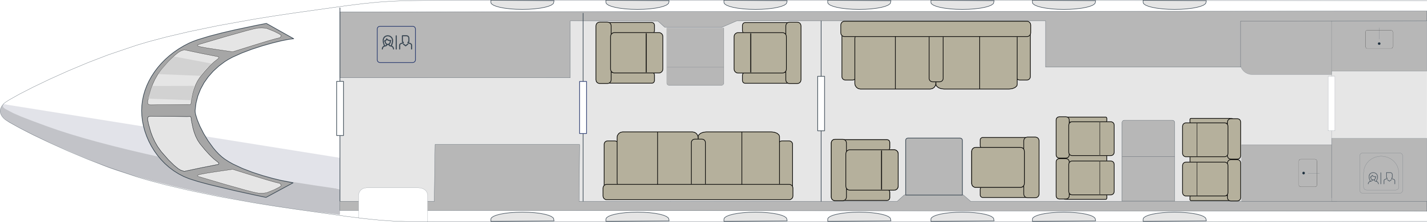 Floor plan of a Gulfstream GV for charter, displaying a spacious cabin layout. The plan shows a luxurious interior. The layout emphasizes comfort and functionality for passengers
